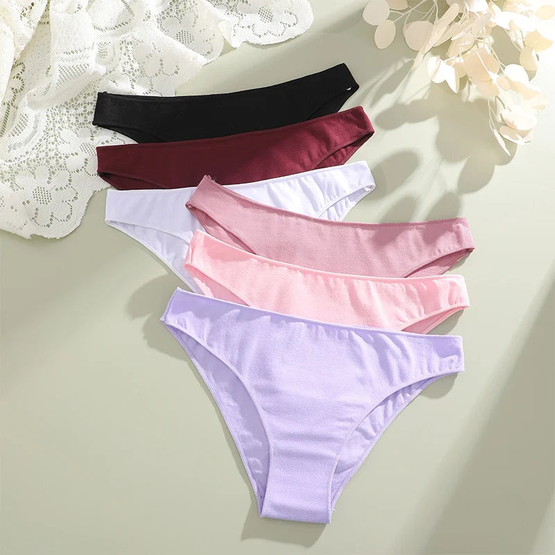 4Pcs Women Cute Printed Bikini Panties Low V Waist Cotton Panties Heart Cherry Lip Print Solid Color Female Breathable Briefs