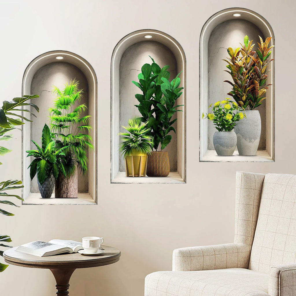 18 Styles Simulated Archway Niche Potted Plant Painting Wall Stickers Bedroom Living Room Hall Peel & Stick Art Mural Decals