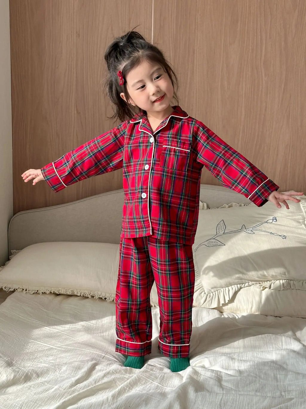 Merry Christmas Kids Pure Cotton Pajamas Set Plaid Print Turn-down Collar Button Shirt Trousers 2 Pieces Suit Homewear Xmas Look