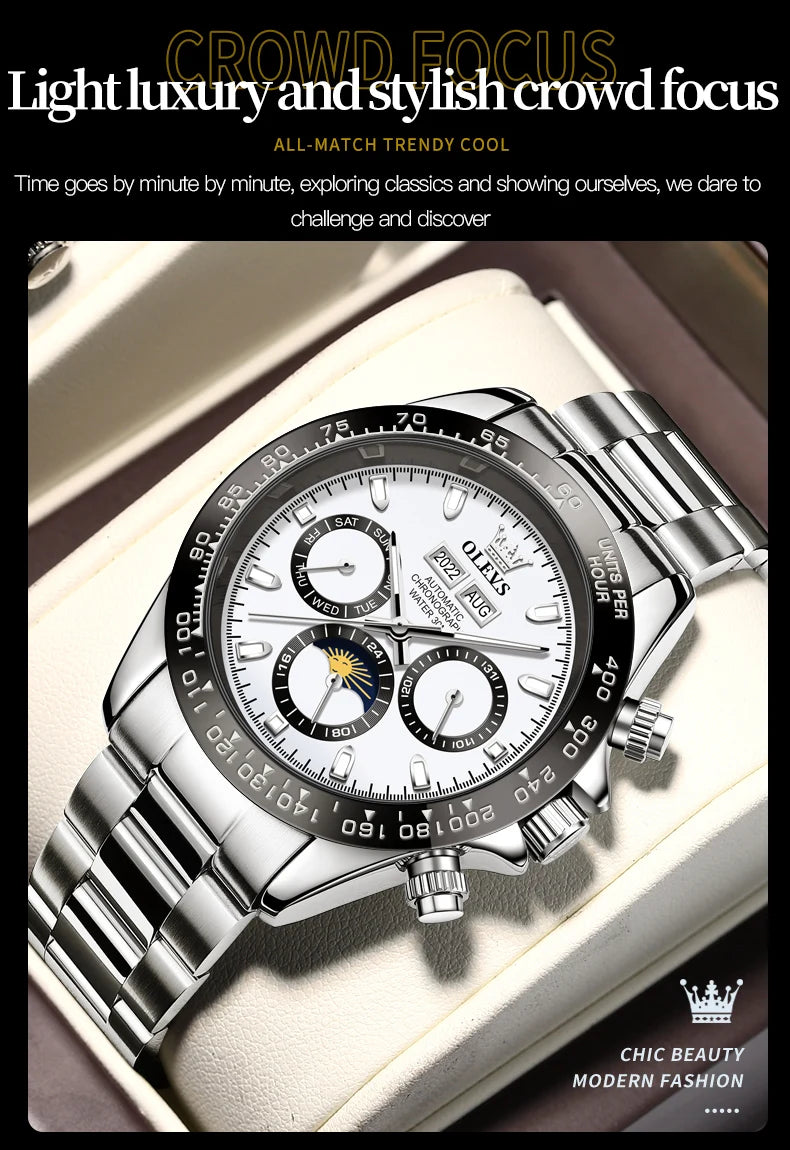 OLEVS 6654 Luxury Men's Automatic Mechanical Watch Original Stainless Steel Waterproof Moon Phase Chronograph Brand Men Watch