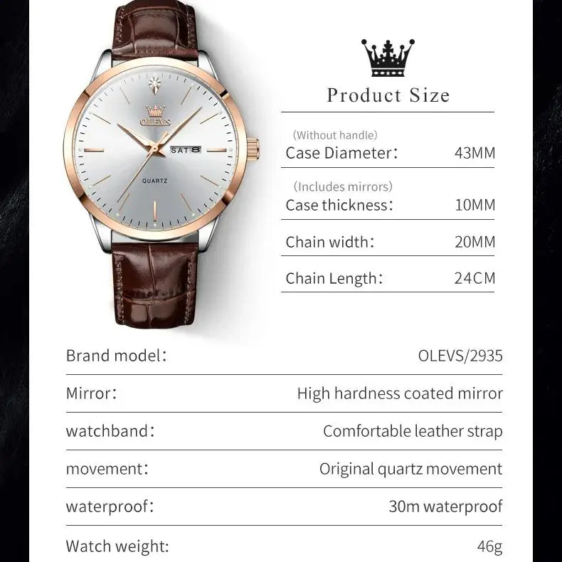 OLEVS 2935 Business Men's Watch Luxury Leisure Dual Calendar Waterproof Luminous Large Dial Watch Top Brand Men Quartz Watch