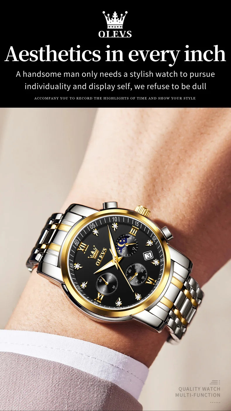 OLEVS 2858 Men's Watches Stainless Steel Waterproof Anti-Scratch Moon Phase Luminous Chronograph Luxury Quartz Men's Wristwatch