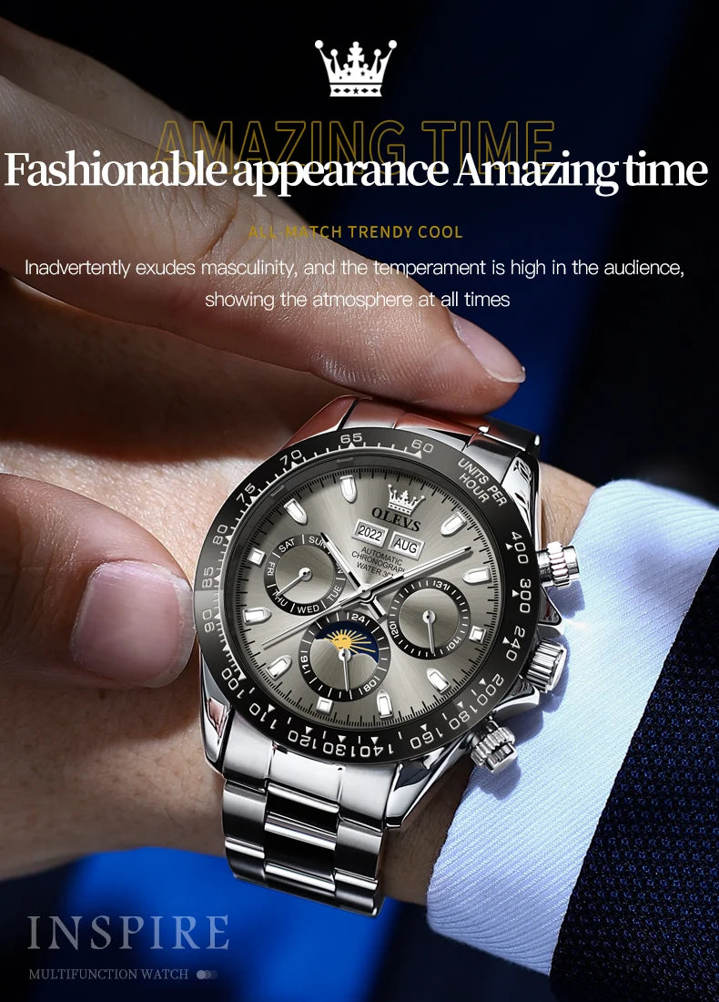 OLEVS 6654 Luxury Brand Original Automatic Man Watch Stainless Steel Waterproof Moon Phase Dual Calendar Mechanical Wristwatches