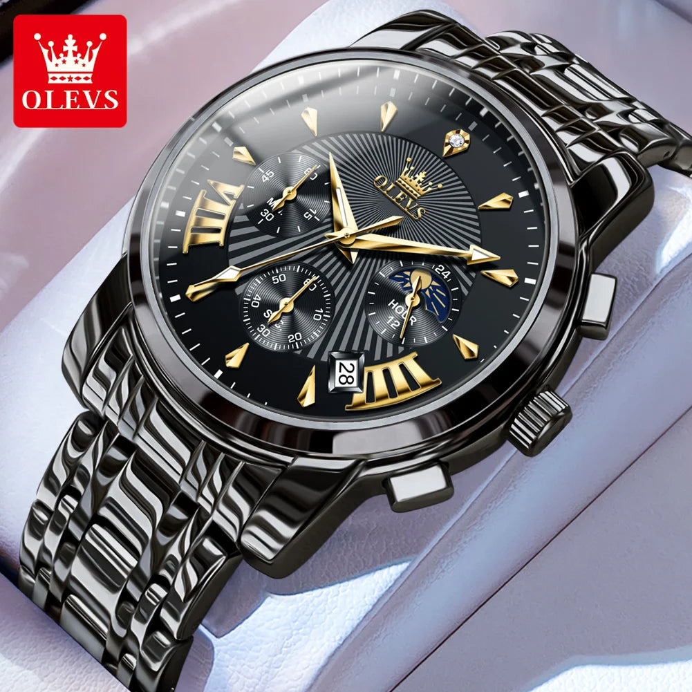 OLEVS 2892 Men's Watches Top Brand Multifunctional Chronograph Wristwatch Original Quartz Watch Man Waterproof Luminous Moon