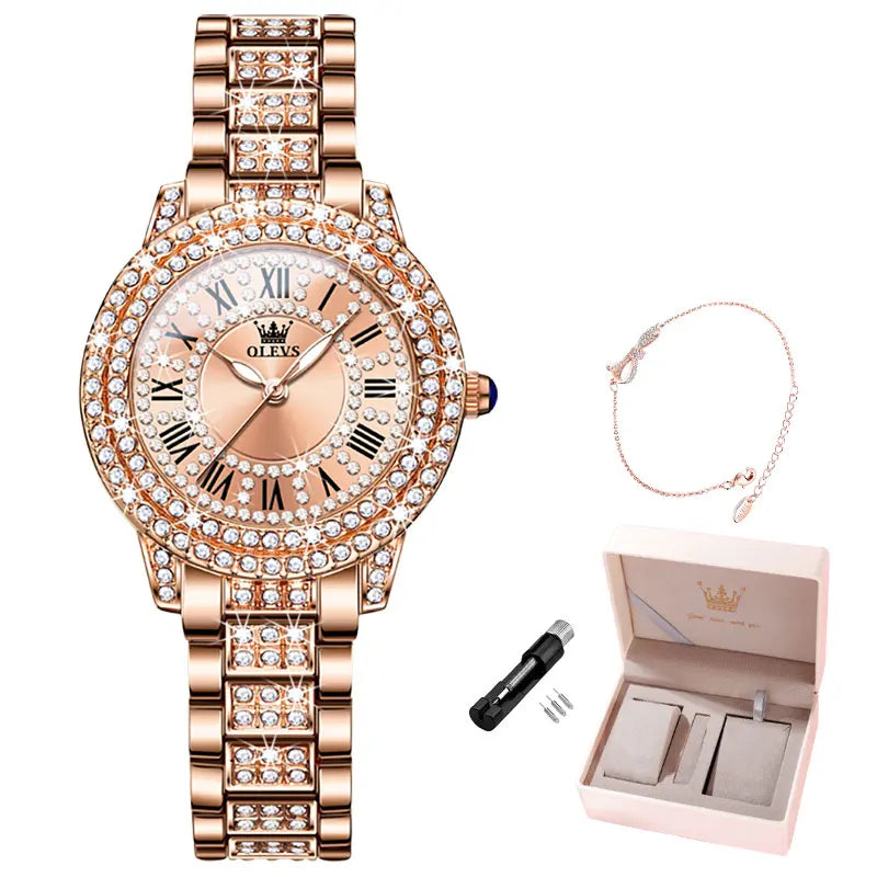 OLEVS 9943 Rose Gold Ladies Watch Stainless Steel Waterproof Full Diamond Quartz Watch for Women Set Gift