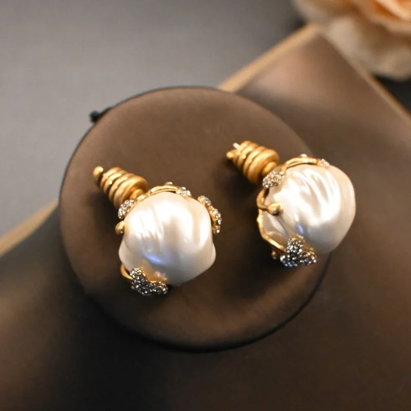 Brass Inlaid Baroque Pearl Flower Bud Stud Ring Set