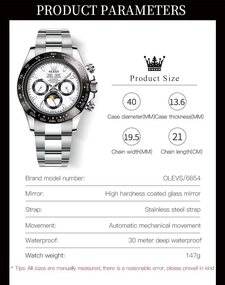OLEVS 6654 Luxury Brand Automatic Mechanical Watch for Men 30m Waterproof Luminous Chrono Moon Phase Calendar Original Man Watch