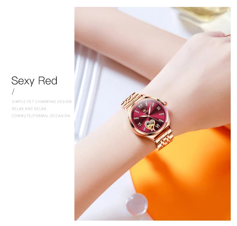 OLEVS 6636 Luxury Women Watch Fully Automatic Hollow Design Diamond Heart Shaped Watch Elegant Mechanical Women Bracelet Watch