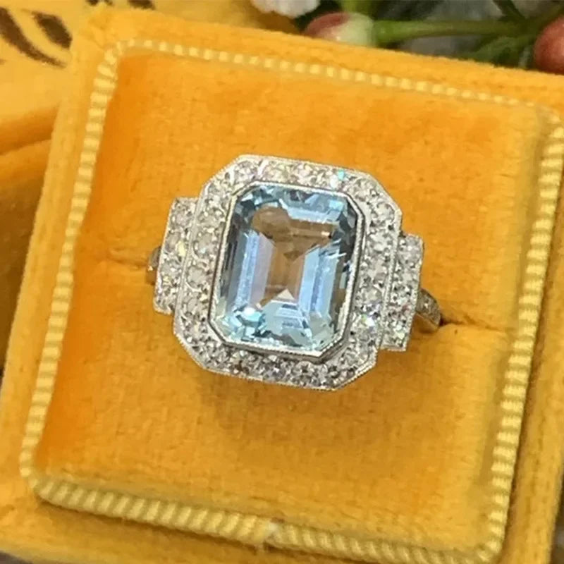 Luxury Female Rings 925 Sterling Silver Square Sea Blue Zircon Rings for Women Men Love Anniversary Jewelry Girlfriend Gift
