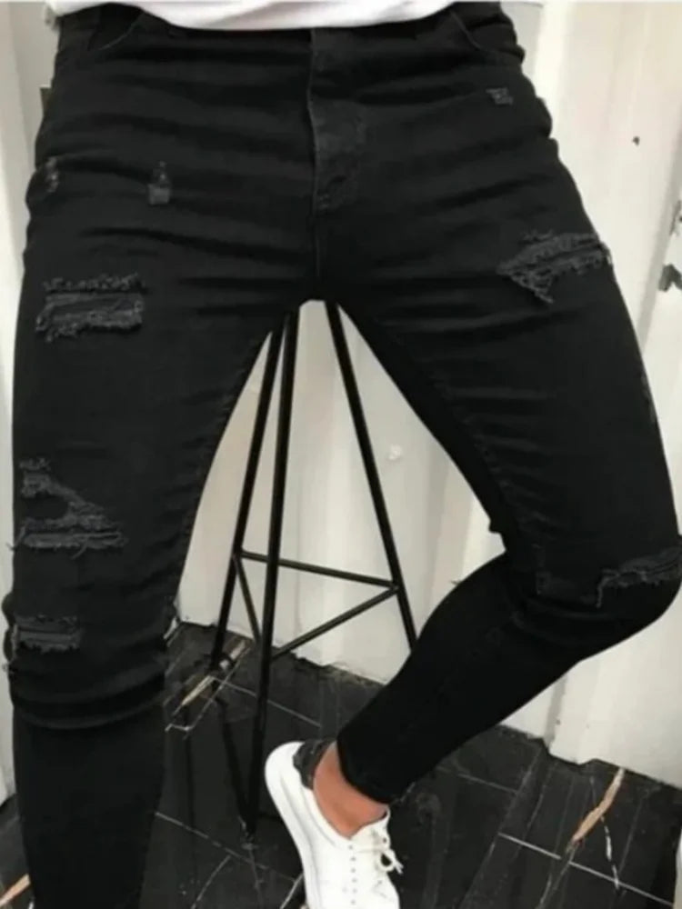 Skinny Fashion Men's Ripped Jeans Slim Breathable Soft Washed Streetwear Trousers Male Spring Autumn Elastic Hole Denim Pants