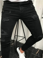 Skinny Fashion Men's Ripped Jeans Slim Breathable Soft Washed Streetwear Trousers Male Spring Autumn Elastic Hole Denim Pants