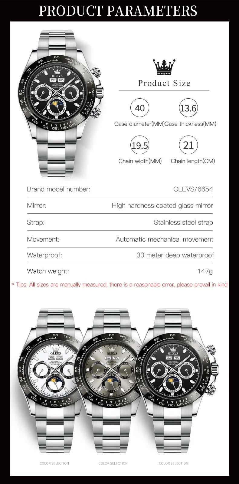 OLEVS 6654 Mens Watch Fashion Chronograph Automatic Mechanical Wristwatch Waterproof Luminous Function Top Brand Watch for Man