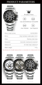 OLEVS 6654 Mens Watch Fashion Chronograph Automatic Mechanical Wristwatch Waterproof Luminous Function Top Brand Watch for Man
