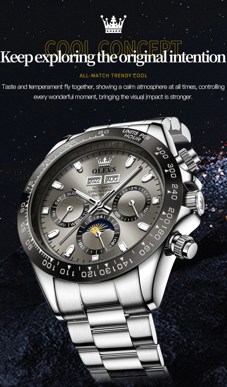 OLEVS 6654 Luxury Men's Automatic Mechanical Watch Original Stainless Steel Waterproof Moon Phase Chronograph Brand Men Watch