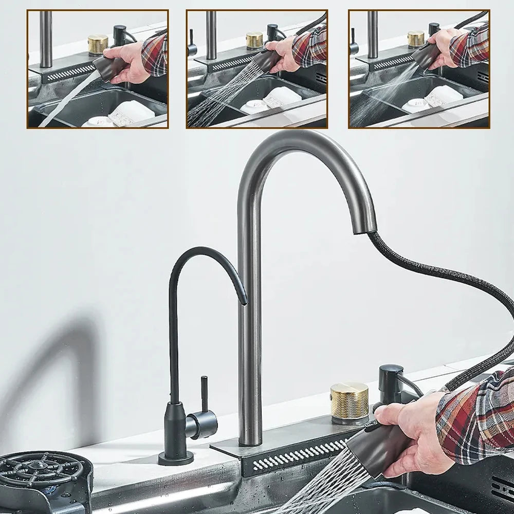 304 Stainless Steel Waterfall Kitchen Sink Large Single Slot Integrated Faucet Set Soap Dispenser/Pure Water/Cup Washer