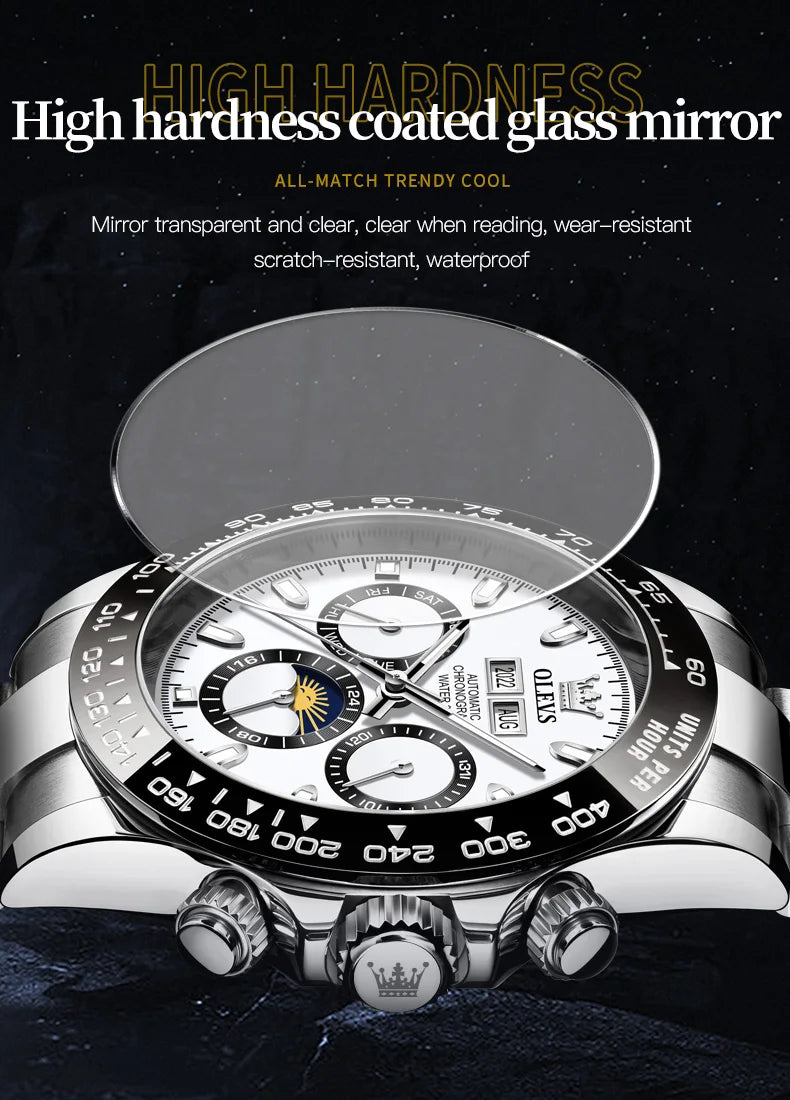 OLEVS 6654 Luxury Brand Original Automatic Man Watch Stainless Steel Waterproof Moon Phase Dual Calendar Mechanical Wristwatches