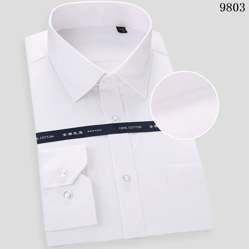 High Quality Free Ironing Men Dress Long Sleeve Shirt 100% Pure Cotton New Solid Male Regular Fit Business Shirt White Blue