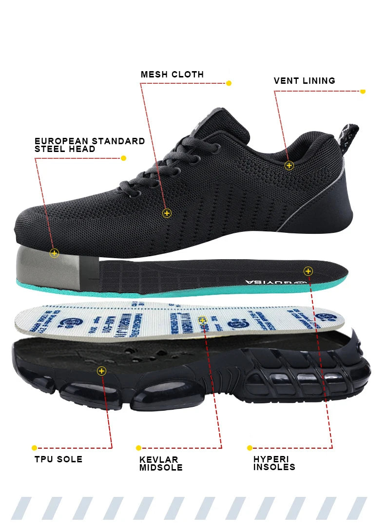 Safety Shoes Men Steel Toe Boots Anti-smash Anti-puncture Safety Work Shoes Men Lightweight Breathable Protective Shoes Black