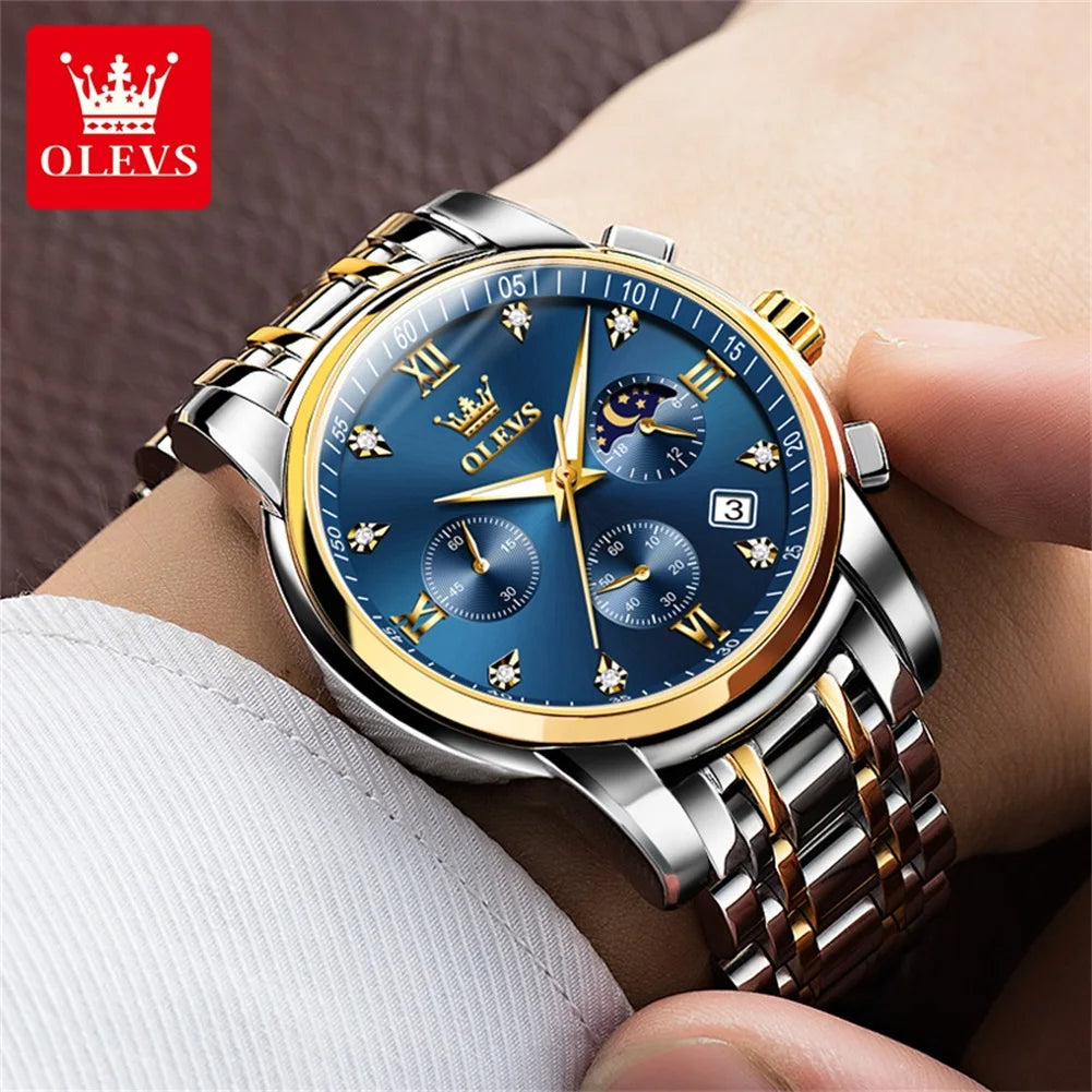 OLEVS 2858 Men's Watches Stainless Steel Waterproof Anti-Scratch Moon Phase Luminous Chronograph Luxury Quartz Men's Wristwatch
