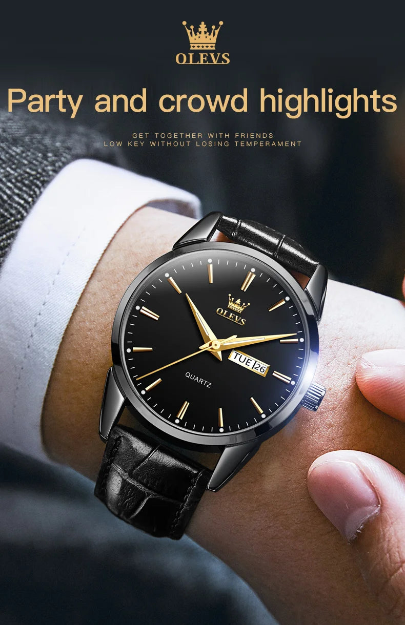 OLEVS 6898 Waterproof Sports Mens Wristwatches Luxury Shock-resistant Calendar Genuine Luminous Quartz Leather Watch for Men