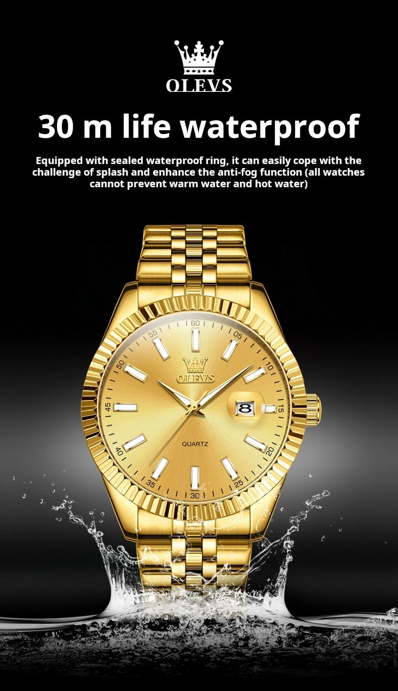 OLEVS Brand Luxury Gold Quartz Watch for Men Stainless Steel Waterproof Luminous Calendar Fashion Mens Watches Relogio Masculino