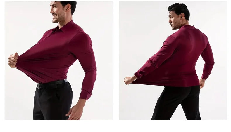 New Design Men's Solid Shirt Long Sleeve Autumn High Elasticity Casual Wrinkle Free No ironing Business Formal White Blue Social