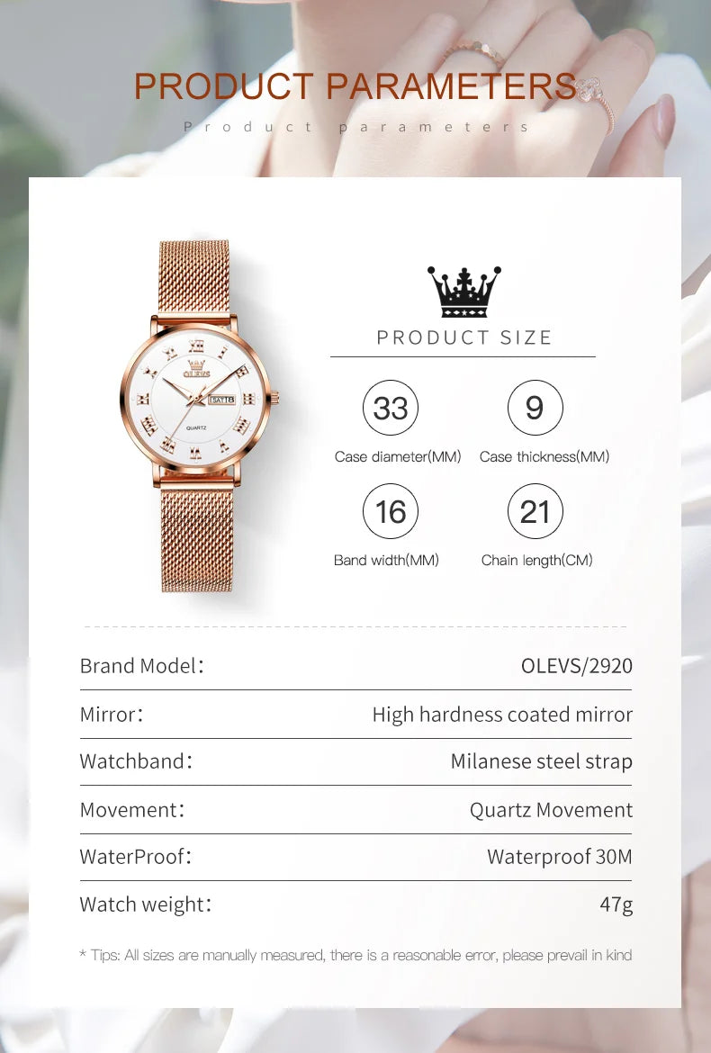 OLEVS 2920 Women's Watch Fashion Original Date Week Display Mesh Strap Roman Dial Luminous Ladies Quartz Wristwatch