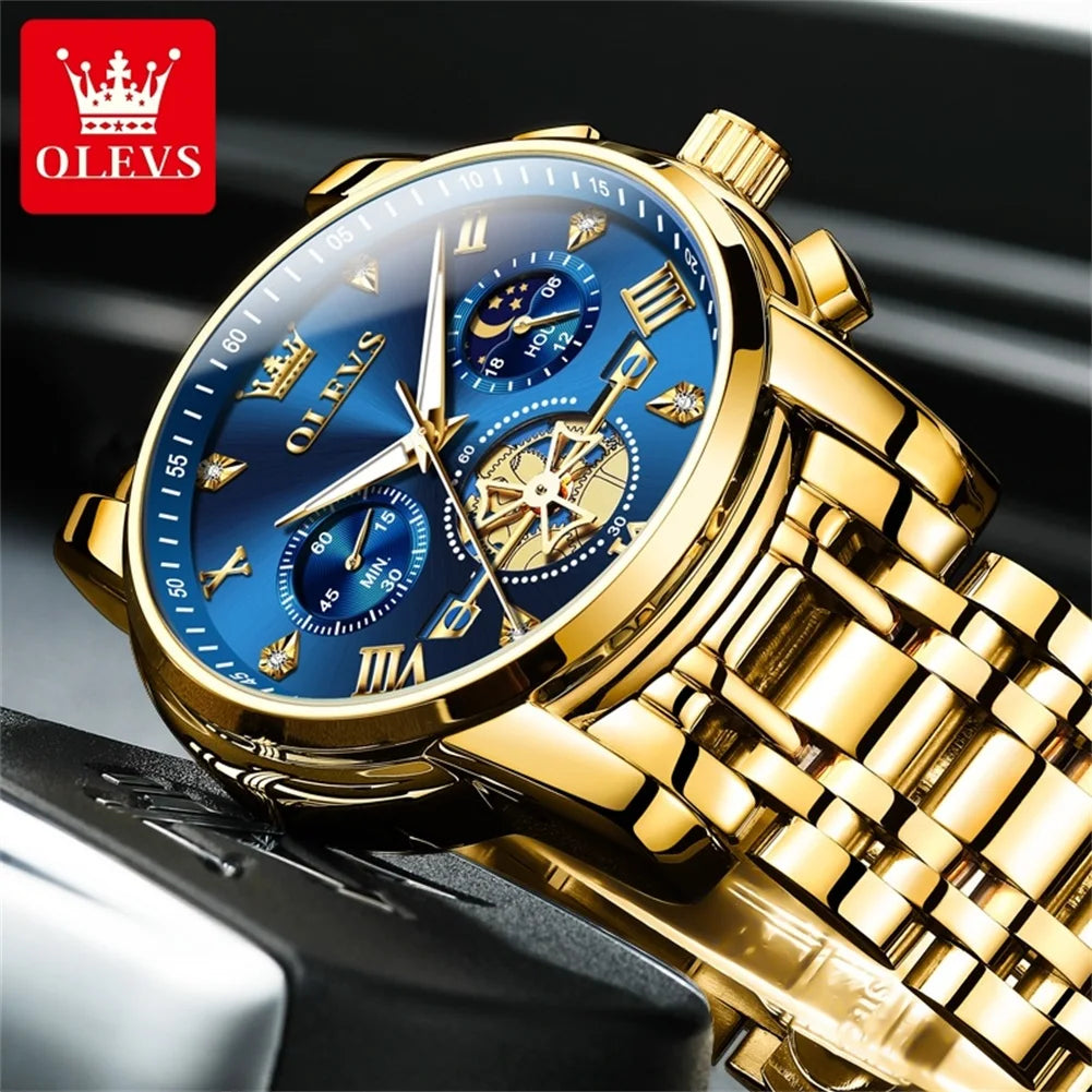OLEVS Men's Watches Classic Multifunctional Flywheel Design Stainless steel Waterproof Moon Phase Men's Wristwatches 2024 Trend