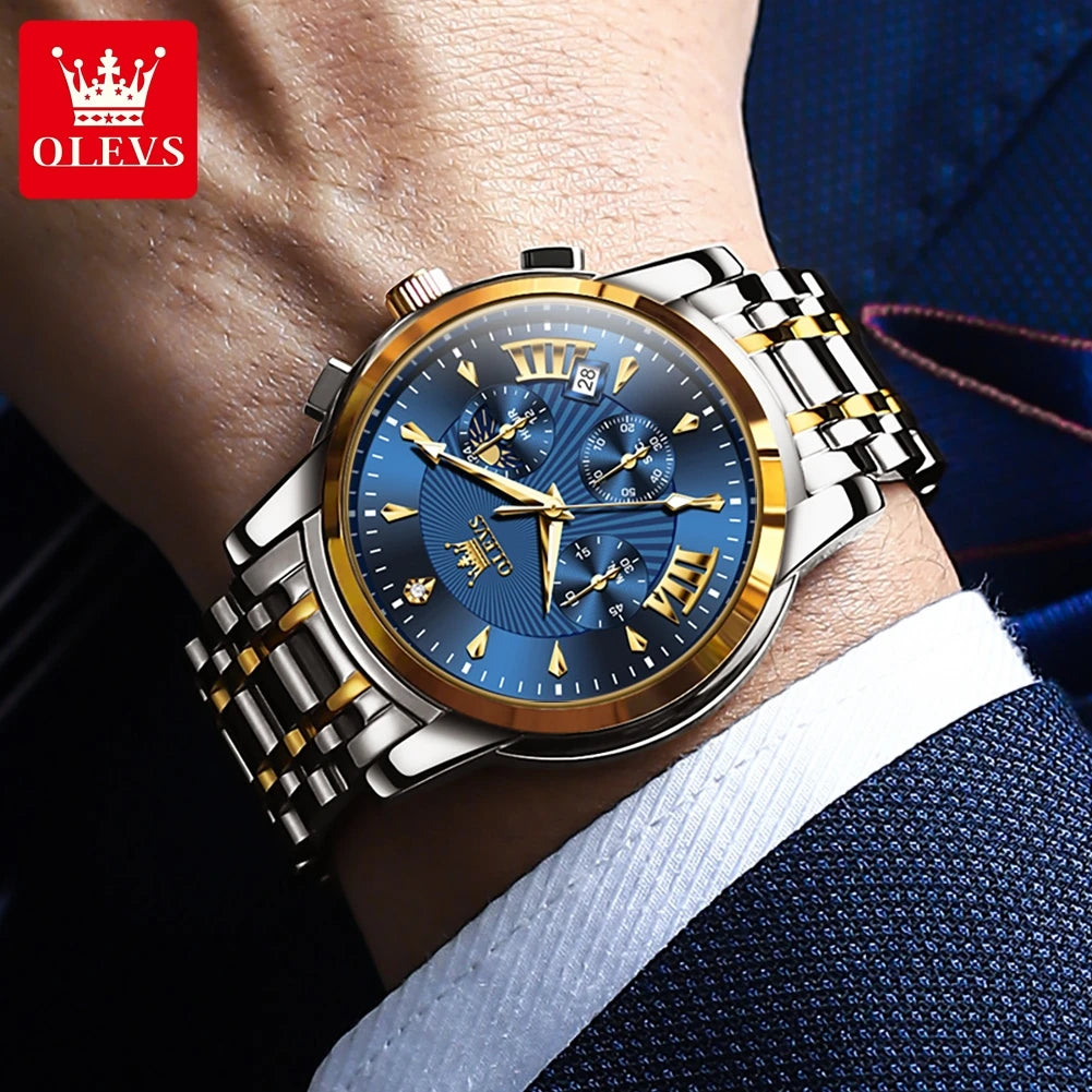 OLEVS 2892 Men's Watches Top Brand Multifunctional Chronograph Wristwatch Original Quartz Watch Man Waterproof Luminous Moon