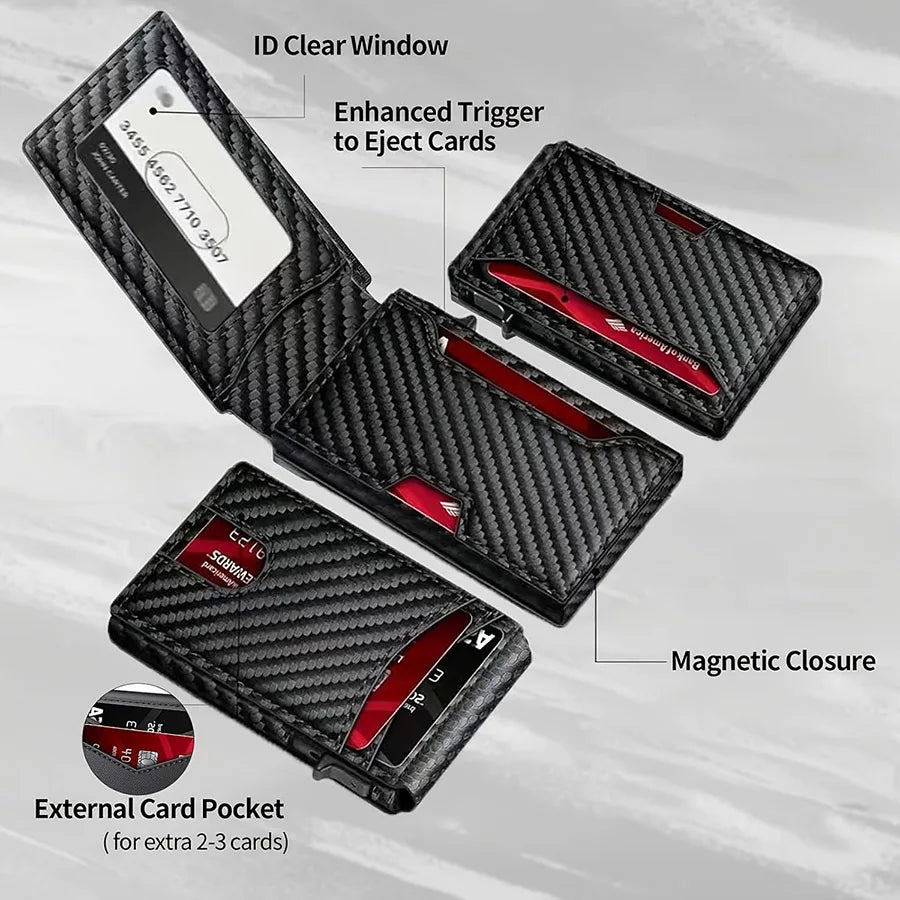 Men Carbon Fiber RFID Pop‑Up Credit Card Holder Magnetic Closure Slim Wallet With ID Window External Card Pocket
