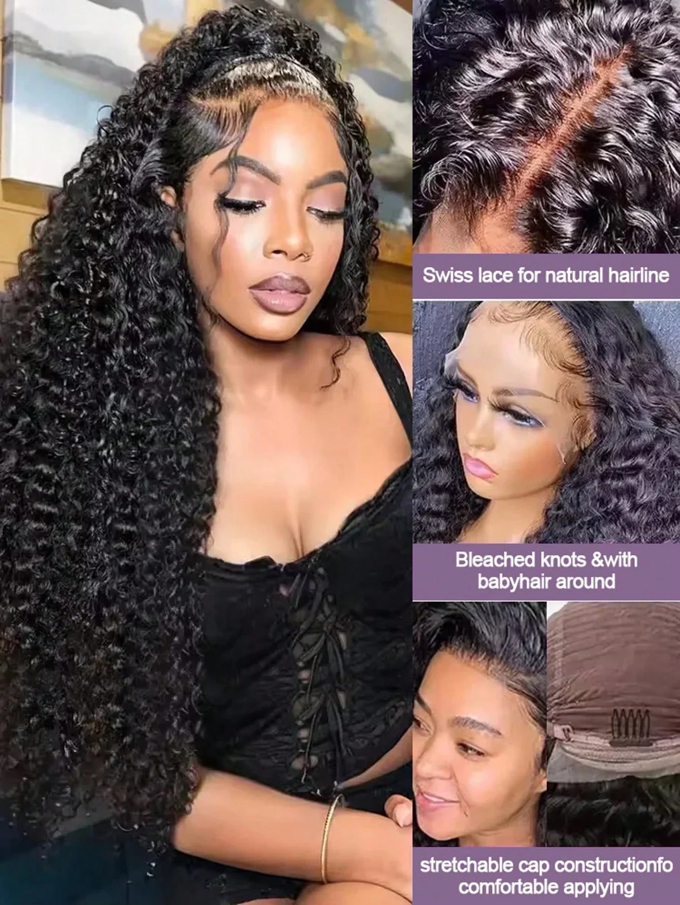 40 Inch Natural Black Water Deep Wave Human Hair Wigs For Women, 13x4 13x6 HD Transparent Lace Frontal Wig 200 Density Pre Plucked Glueless Lace Front Wig