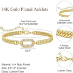 Cuban Link Chain Shiny CZ Anklets Bracelets for Women Waterproof 14K Gold Plated Non Tarnish Adjustable  Ankle Beach Jewelry