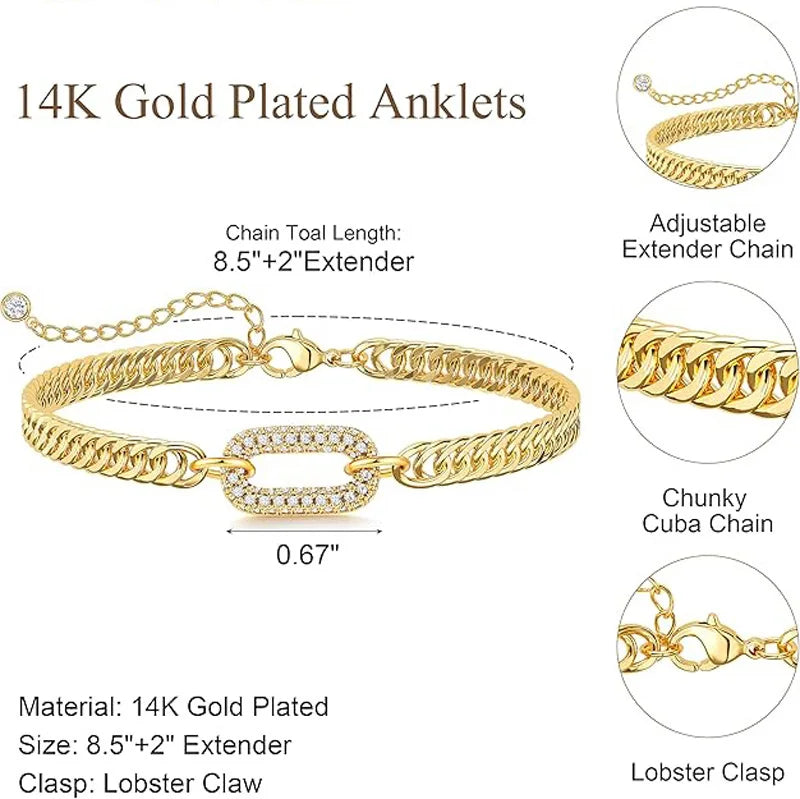 Cuban Link Chain Shiny CZ Anklets Bracelets for Women Waterproof 14K Gold Plated Non Tarnish Adjustable  Ankle Beach Jewelry