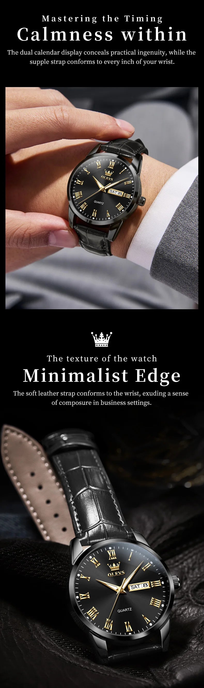 OLEVS 5892 Watches for Men Leather Strap Dual Calendar Roman Scale Simple Elegant Luxury Original Quartz Men's Watches