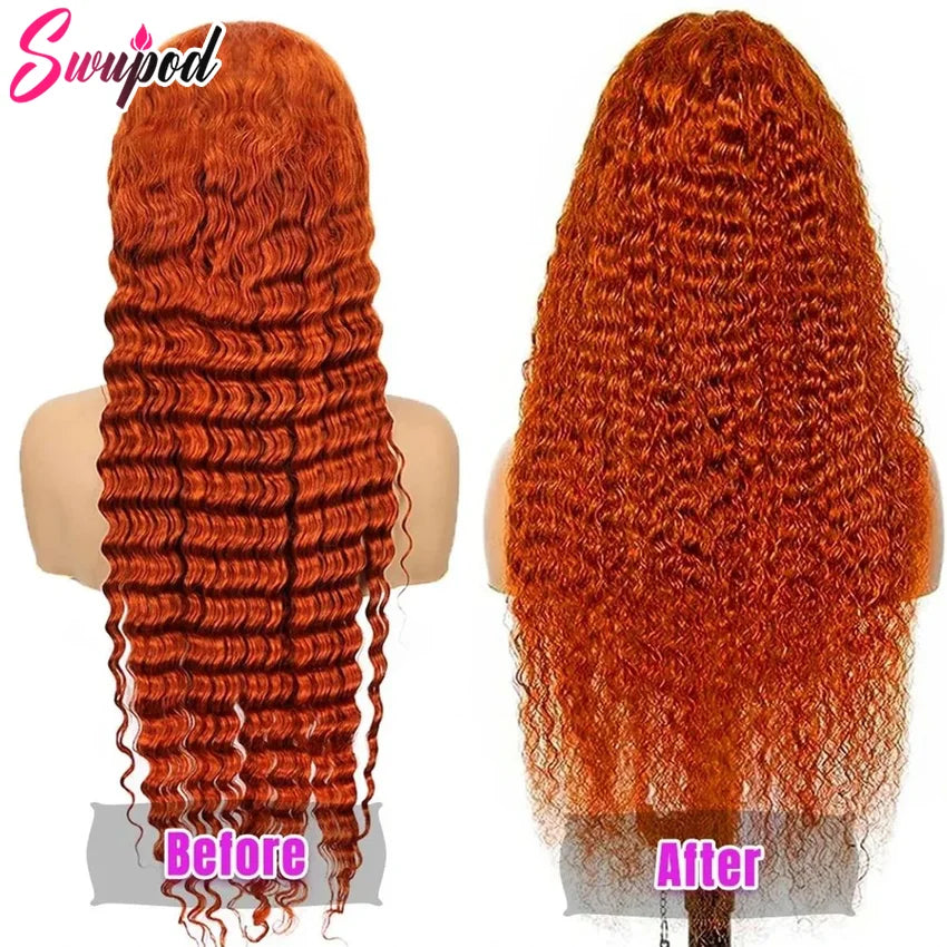 Swupod 13x4 13x6 220% Density Transparent HD Lace Front Wig for Women Deep Wave Remy Human Hair Ginger Orange 350# Loose Curly