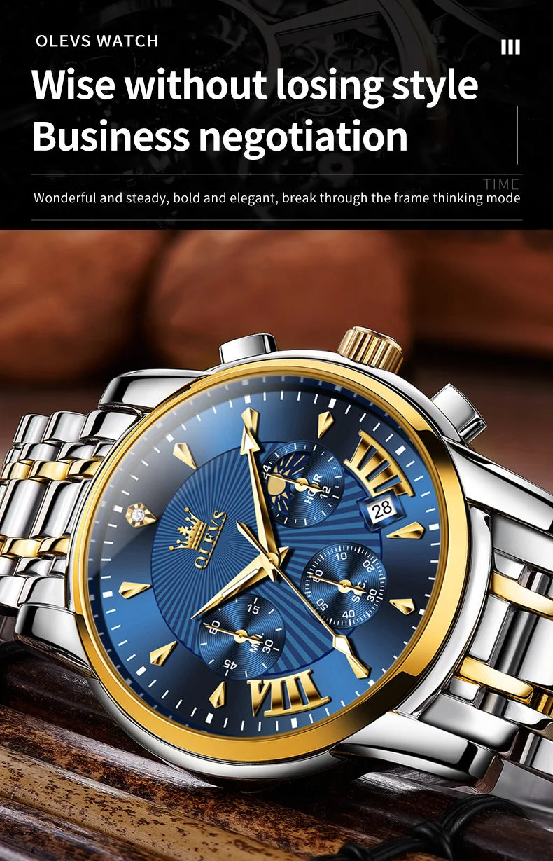 OLEVS 2892 Mens Watch Original Business Quartz Watch Moon Phase Multifunctional Chronograph Watches For Men With Box Reloj New