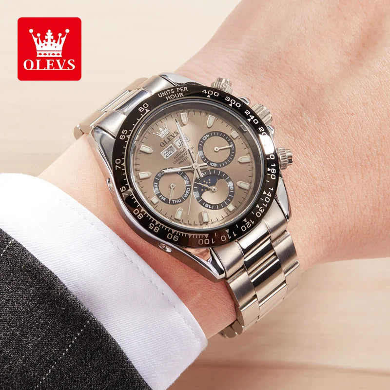 OLEVS 6654 Luxury Men's Automatic Mechanical Watch Original Stainless Steel Waterproof Moon Phase Chronograph Brand Men Watch