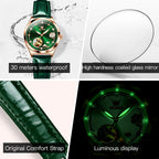 OLEVS 6601 Green Leather Strap Women Watch Automatic Mechanical Movement Waterproof Diamond Fashion Watch