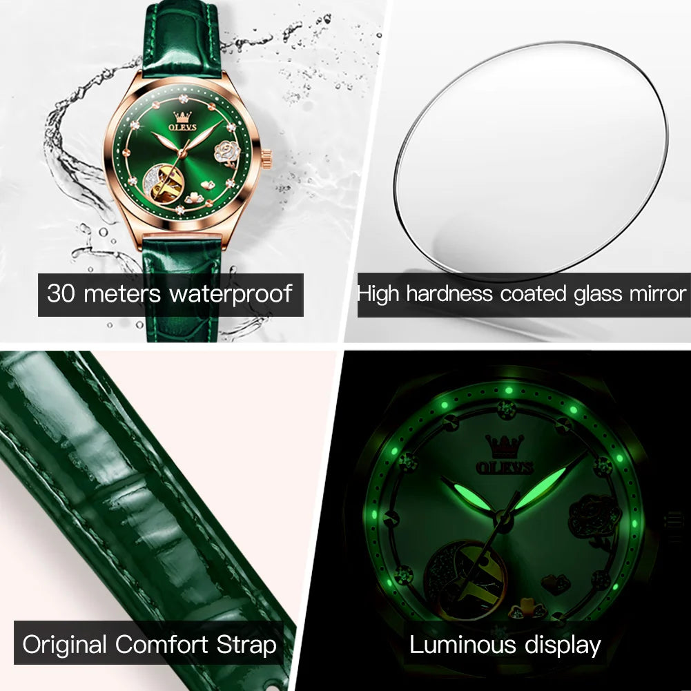 OLEVS 6601 Green Leather Strap Women Watch Automatic Mechanical Movement Waterproof Diamond Fashion Watch