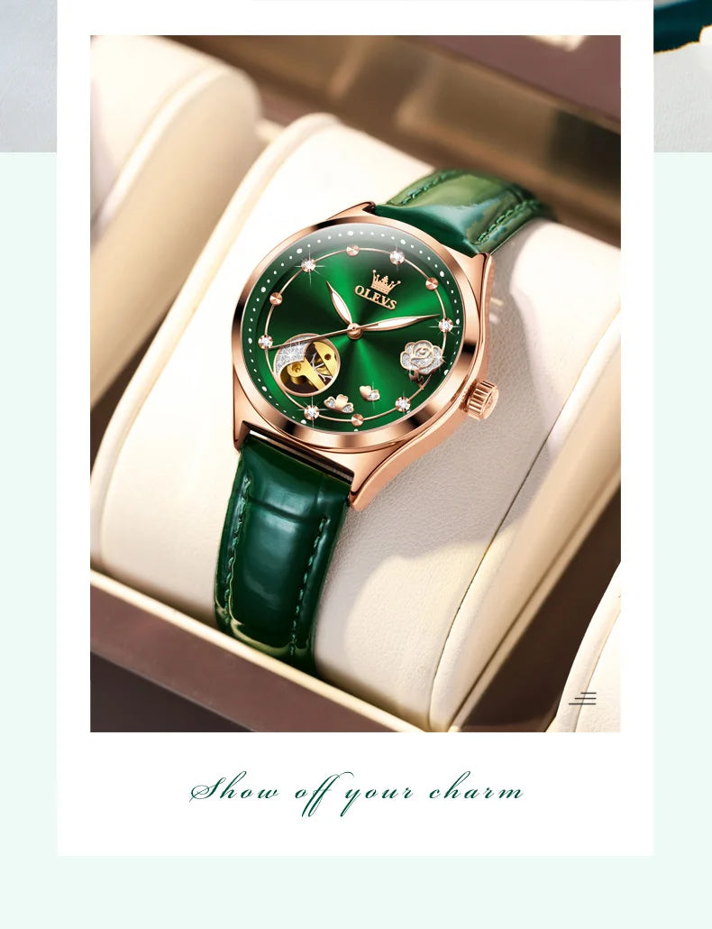 OLEVS 6601 Green Leather Strap Women Watch Automatic Mechanical Movement Waterproof Diamond Fashion Watch