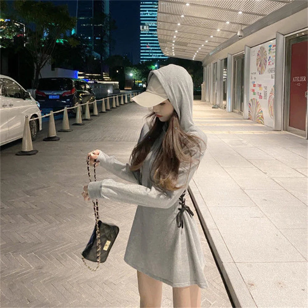 Streetwear Mini Dress Spring Autumn Korean High Waist Lace Up Slim Vestidos Women Harajuku Hooded Bandage A Line Dresses