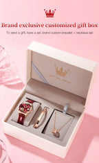OLEVS Fashion Women Mechanical Watches Bracelets and Necklaces Set Leather Strap Luxury Hollow Ladies WristWatches Reloj Mujer