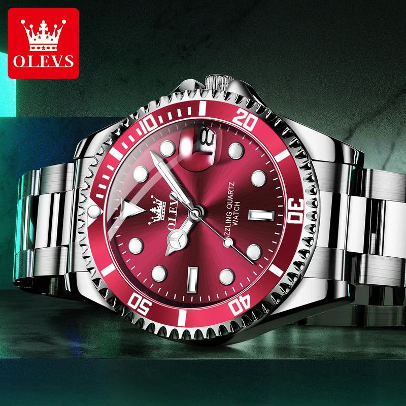 OLEVS 5885 Luxury Men Watch Diving Series Deep Waterproof Auto Date Stainless Steel NEW Red Dial Original Wristwatch