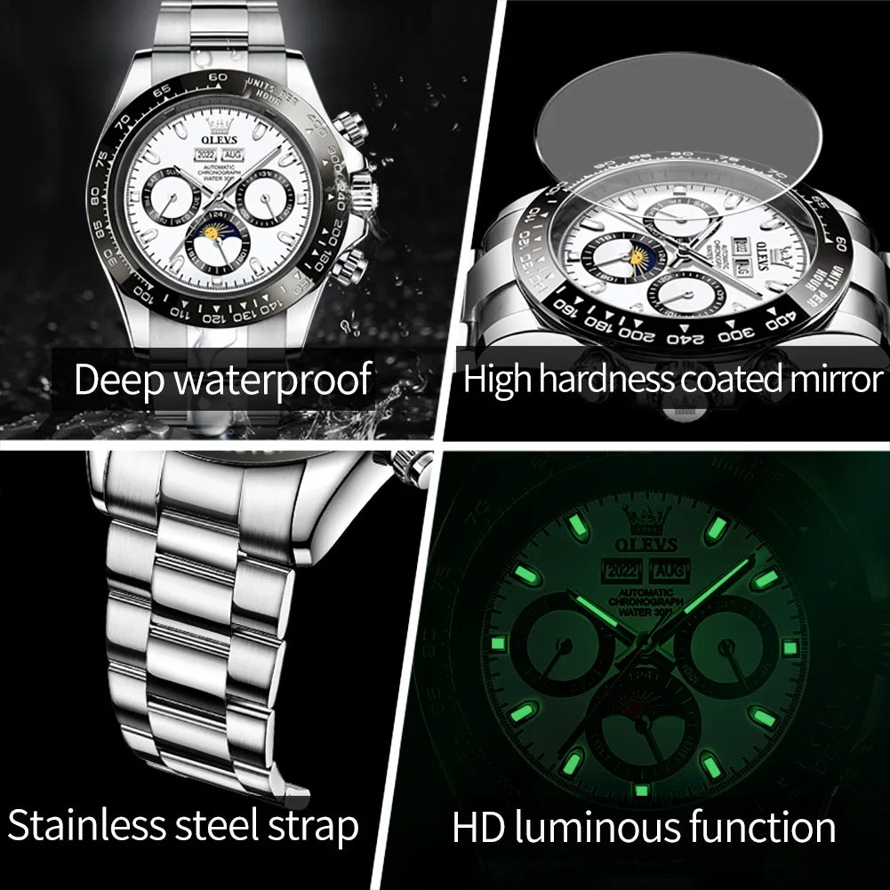 OLEVS 6654 Luxury Brand Automatic Mechanical Watch for Men 30m Waterproof Luminous Chrono Moon Phase Calendar Original Man Watch