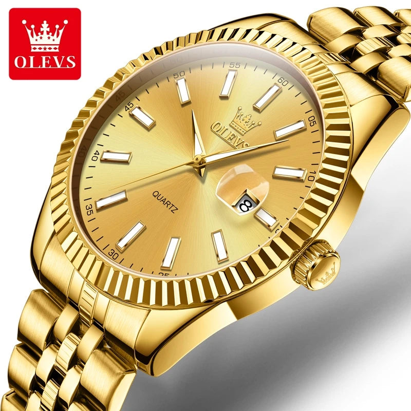 OLEVS Brand Luxury Gold Quartz Watch for Men Stainless Steel Waterproof Luminous Calendar Fashion Mens Watches Relogio Masculino