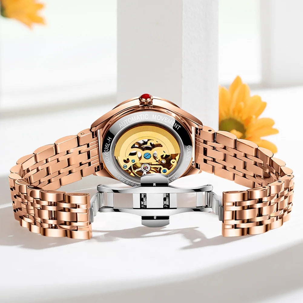 2026 New OLEVS Rose Gold Steel Women's Watches Luxury Brands Automatic Mechanical Watch For Women Fashion reloj para mujer