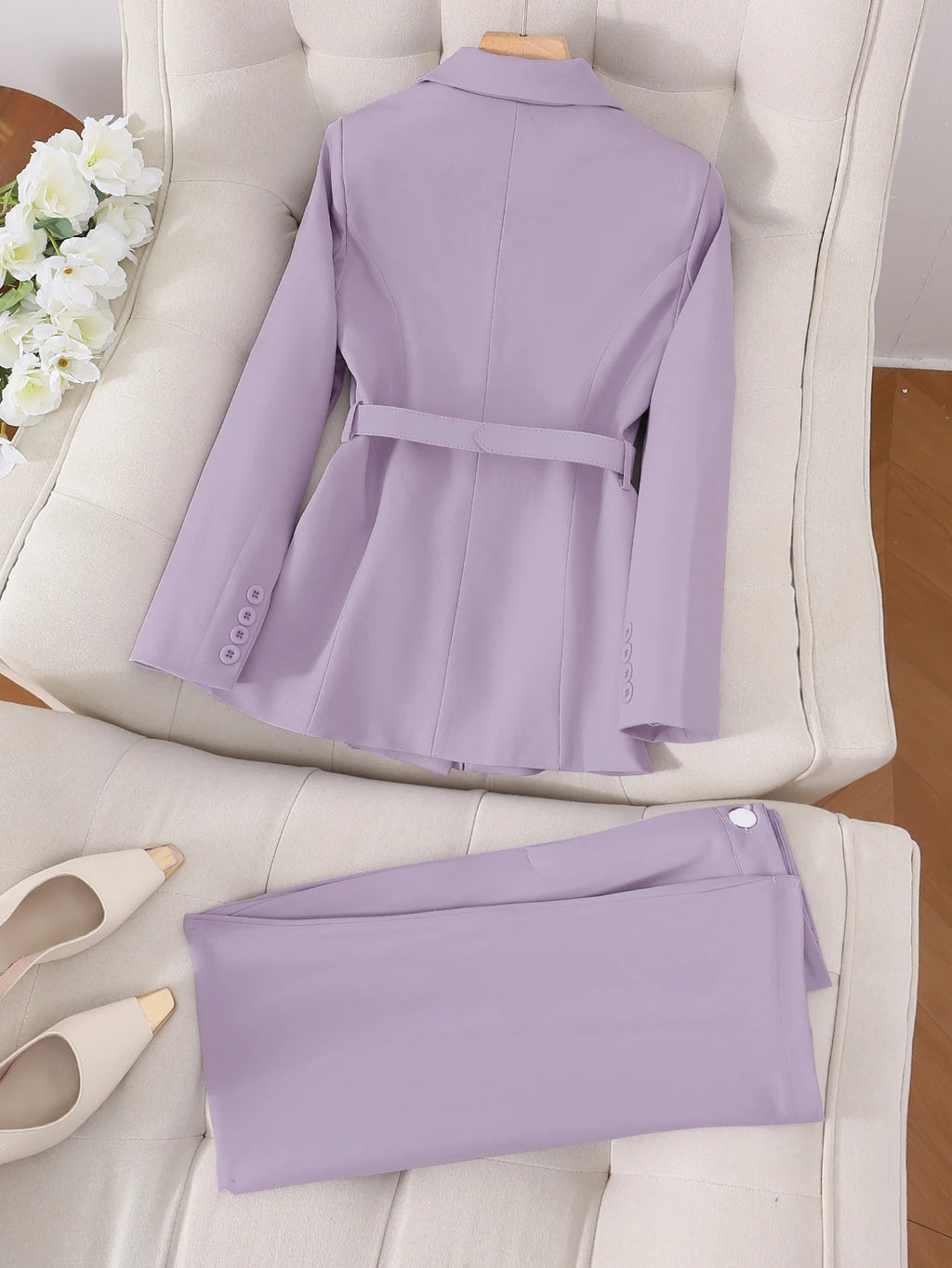 Urban elegant temperament solid color commuter office business suit jacket with belt and long trousers two-piece set, office bus