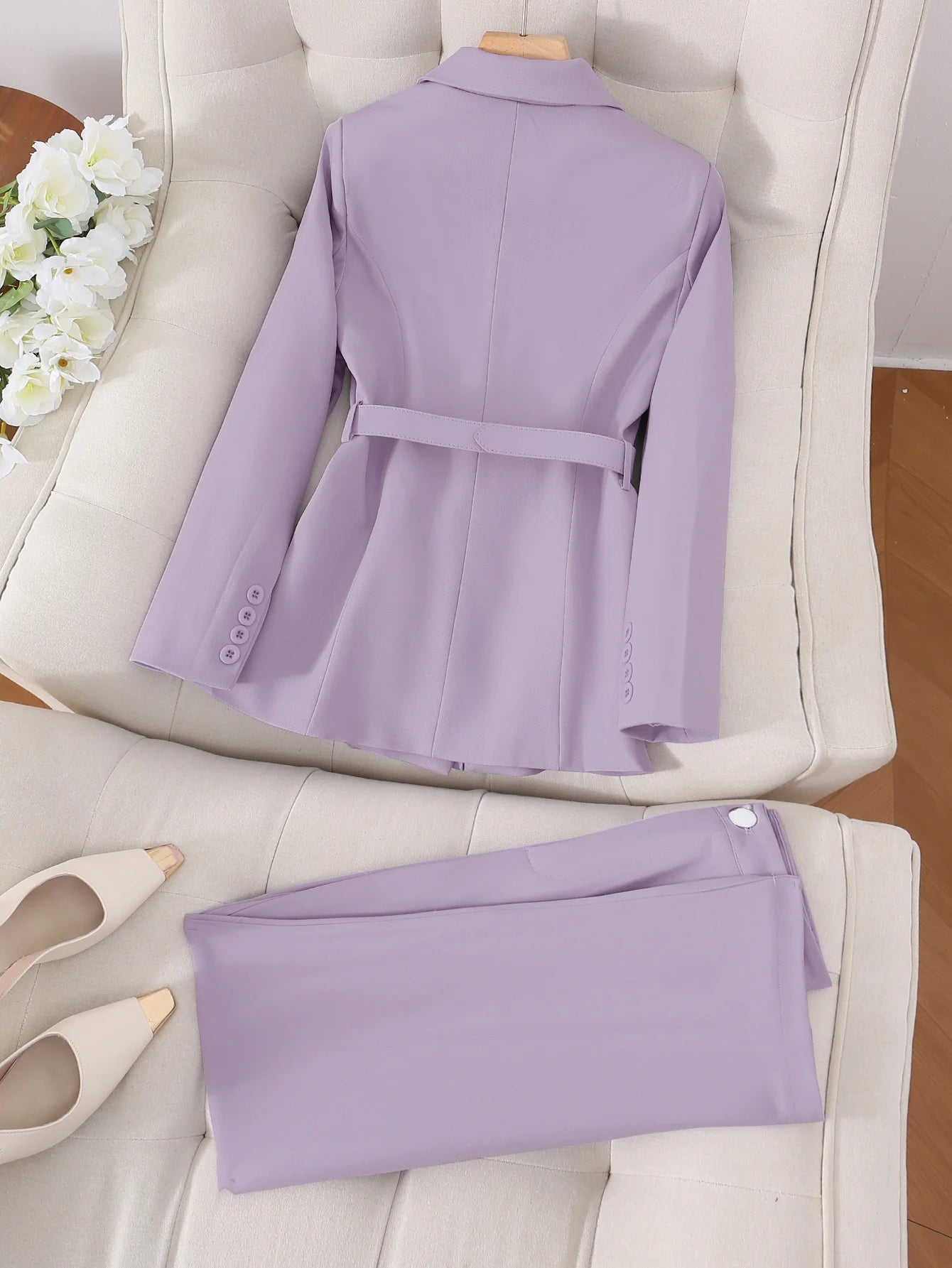 Urban elegant temperament solid color commuter office business suit jacket with belt and long trousers two-piece set, office bus