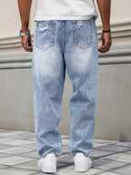 Men's Light Blue Washed Loose Wide-Leg Ripped Jeans, Retro Street-Style Vintage Denim Trousers for All Seasons