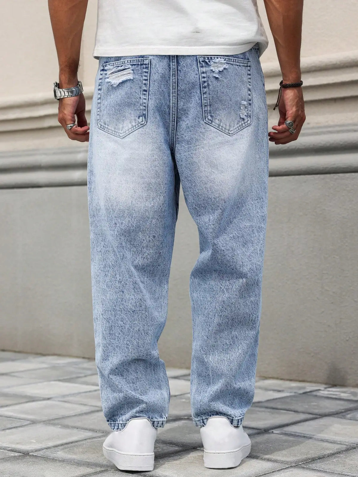 Men's Light Blue Washed Loose Wide-Leg Ripped Jeans, Retro Street-Style Vintage Denim Trousers for All Seasons
